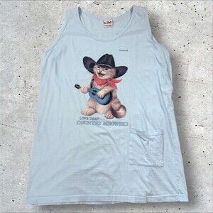 Vtg Country Meowsic Cat Cowboy Hat Guitar Shirt Dress Tank Top OS Blue